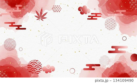 赤のグラデーションと和柄の雲をあしらった年賀状フレーム背景 134109490