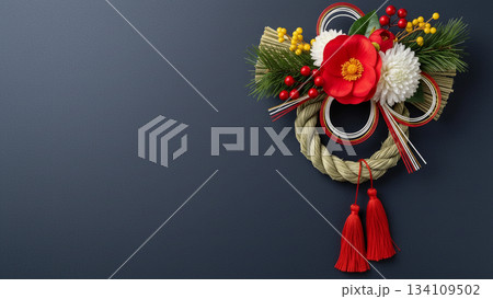 紺色の背景に置かれた椿、松、水引で飾られたお洒落なしめ縄飾り 134109502
