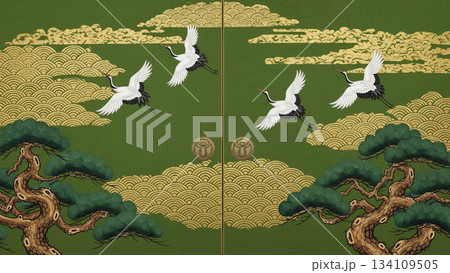 松と金色の雲が描かれた緑色の背景を飛ぶ鶴(丹頂鶴)の古典的な和風デザイン 松と金色の雲が描かれた緑色の背景を飛ぶ鶴(丹頂鶴)の古典的な和風デザイン 134109505