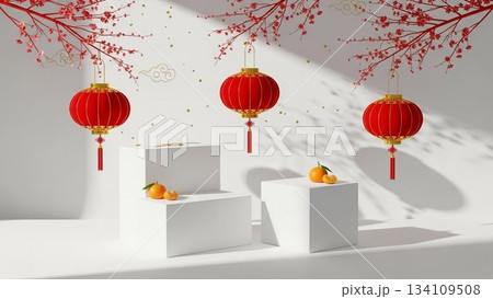 白い台座と赤い提灯、みかんのある中華圏の正月イメージ(3Dレンダリング風) 白い台座と赤い提灯、みかんのある中華圏の正月イメージ(3Dレンダリング風) 134109508