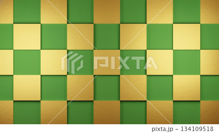 光沢のある緑とゴールドの市松模様背景素材 134109518