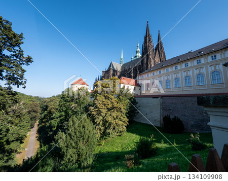 View of the St. Vitus Cathedral within the complex of Prague Castle in the Czech Republic. View of the St. Vitus Cathedral within the complex of Prague Castle in the Czech Republic. 134109908