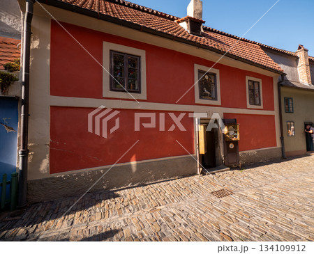 Charming view of the Golden Lane, a narrow historic street located inside Prague Castle. Charming view of the Golden Lane, a narrow historic street located inside Prague Castle. 134109912