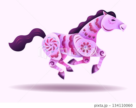 Chinese Oriental Paper Graphic Cut Art of Golden Horse Symbol with Floral Pattern - Neon Chinese Oriental Paper Graphic Cut Art of Golden Horse Symbol with Floral Pattern - Neon 134110060