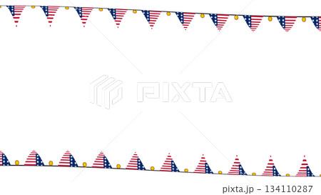 Bunting Flags in Red, White, and Blue Colors Hanging Outdoors for a Festive Celebration in Summer 134110287
