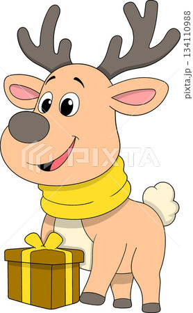 Cute Reindeer Cartoon Holding Gift Box Christmas Illustration Cute Reindeer Cartoon Holding Gift Box Christmas Illustration 134110988