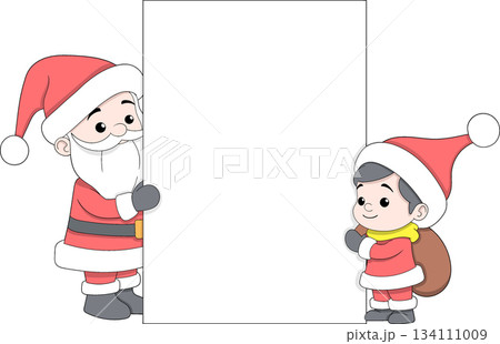 Santa and Child Holding Blank Christmas Text Space Board 134111009