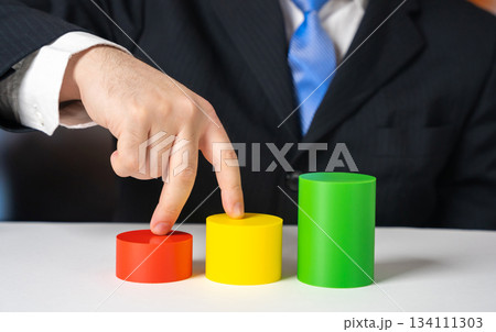 The businessman takes small steps toward improving business indicators, from small to large. Business growth. Entrepreneurship, planning guides and development strategies. 134111303