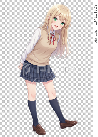 Full-body portrait of a long-haired blonde female high school student character Full-body portrait of a long-haired blonde female high school student character 134111528