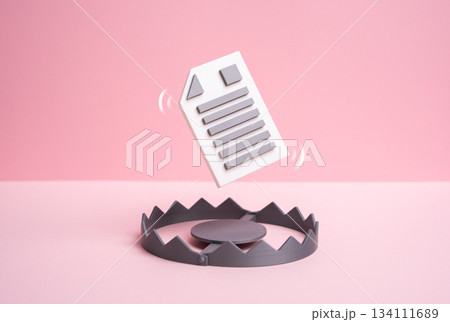 The document hovers over a trap. The contract is a trap. Unfavorable terms and high penalties. A visual warning about hidden risks. Financial literacy, legal reviews and consumer protection. The document hovers over a trap. The contract is a trap. Unfavorable terms and high penalties. A visual warning about hidden risks. Financial literacy, legal reviews and consumer protection. 134111689