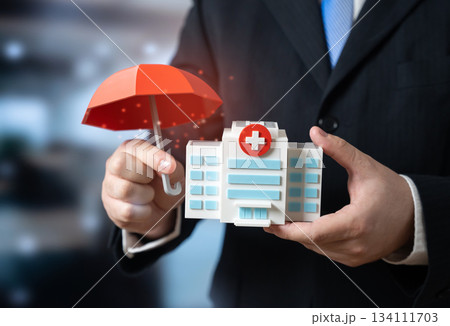 Hospital and insurance umbrella. Medical insurance, charitable financing of medical institutions. Healthcare protection and financial support. Patient coverage and medical funding 134111703
