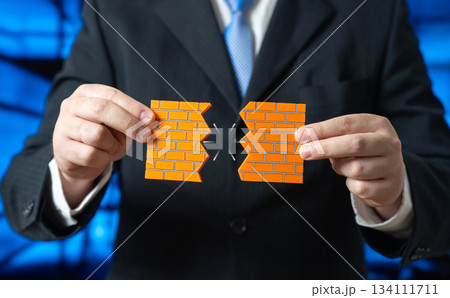 A businessman breaks down a brick wall. Break the paradigm, go beyond the boundaries. Overcome barriers and challenges. Innovation breakthrough. Leadership, motivational and corporate transformation. 134111711