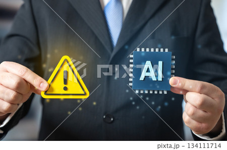 AI microchip and warning symbol. Shortage of AI power and components in the electronics market. The ubiquitous implementation of AI is harmful to the market and consumers. Tech risks and supply chain AI microchip and warning symbol. Shortage of AI power and components in the electronics market. The ubiquitous implementation of AI is harmful to the market and consumers. Tech risks and supply chain 134111714