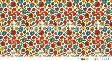Decorative seamless print with lauburu basque crosses surrounded by colorful flowers on light yellow background 134111734