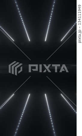 Sleek futuristic scene with rows of white LED light beams converging into a dark minimalistic space Sleek futuristic scene with rows of white LED light beams converging into a dark minimalistic space 134111949