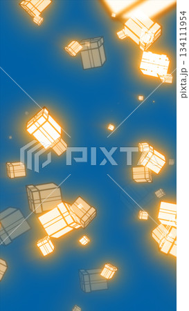 Stylized illustration of glowing lanterns floating in a blue sky, symbolizing peace, hope, and celebration 134111954
