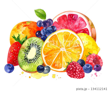みずみずしいカットフルーツの水彩イラスト 134112141