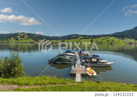 Jetty with boats on Lake Sihlsee, Einsiedeln, Canton of Schwyz, Switzerland 134112155
