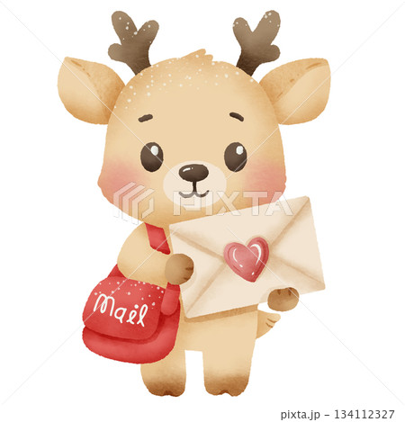 Cute Reindeer Mail Carrier Holding Love Letter Watercolor Christmas Post Delivery Illustration Cute Reindeer Mail Carrier Holding Love Letter Watercolor Christmas Post Delivery Illustration 134112327