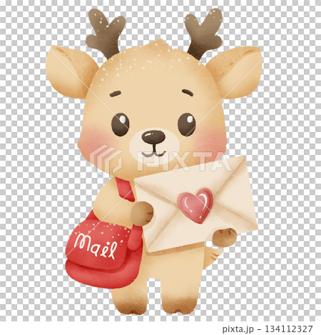 Cute Reindeer Mail Carrier Holding Love Letter Watercolor Christmas Post Delivery Illustration Cute Reindeer Mail Carrier Holding Love Letter Watercolor Christmas Post Delivery Illustration 134112327