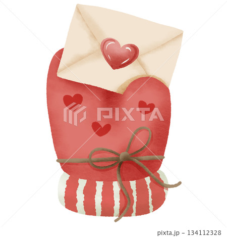 Cute Winter Mitten Holding Love Letter Cozy Holiday Mail Watercolor Christmas Illustration 134112328