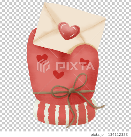 Cute Winter Mitten Holding Love Letter Cozy Holiday Mail Watercolor Christmas Illustration 134112328