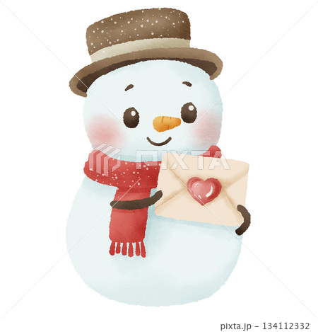 Cute snowman holding love letter with heart seal winter holiday character cozy festive illustration Cute snowman holding love letter with heart seal winter holiday character cozy festive illustration 134112332