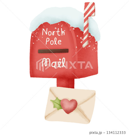 North Pole holiday mailbox with snow and candy cane pole delivering heart love letter festive winter postbox illustration North Pole holiday mailbox with snow and candy cane pole delivering heart love letter festive winter postbox illustration 134112333