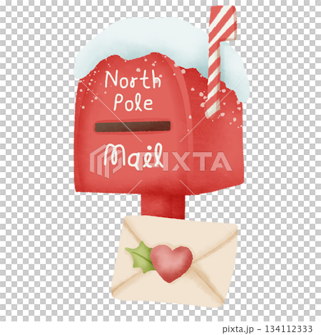 North Pole holiday mailbox with snow and candy cane pole delivering heart love letter festive winter postbox illustration North Pole holiday mailbox with snow and candy cane pole delivering heart love letter festive winter postbox illustration 134112333