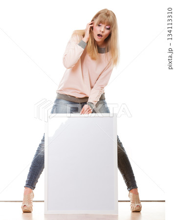 woman holding blank presentation board woman holding blank presentation board 134113310