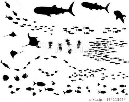 魚の群れと水棲動物のデフォルメシルエットイラスト	 134113424