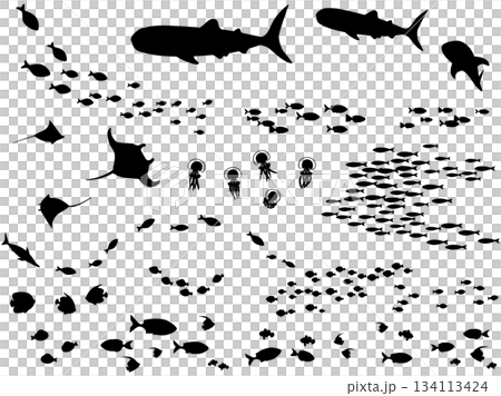 魚の群れと水棲動物のデフォルメシルエットイラスト	 134113424