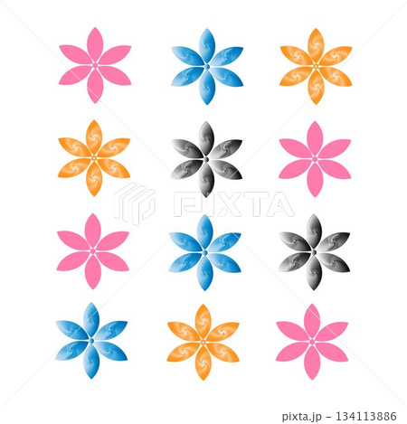 Colorful Five-Petal Flower Icons in Pink Blue Orange and Gray, Repeating Pattern Grid 134113886