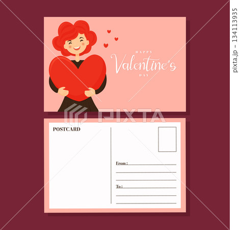 Cute Girl Hugging Red Heart Valentines Day Postcard Template. 134113935