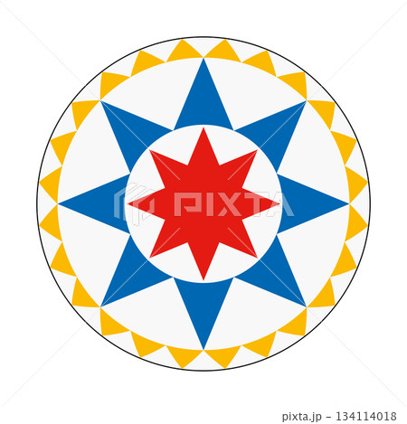 Hex sign with eight-pointed stars, symbol of luck and good fortune. Motif in the style of Pennsylvania Dutch folk art. A red and a larger blue 8-pointed star with jagged orange border on white field. 134114018
