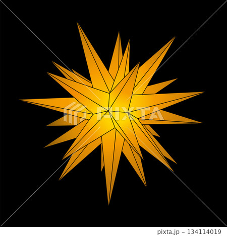 Yellow-orange glowing Moravian star on black background. Illuminated decoration used during Advent, Christmas, and Epiphany representing the Star of Bethlehem pointing towards the infant Jesus. Vector 134114019