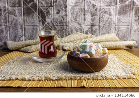 Turkish tea and delight: Traditional still life with turkish sweets 134114066