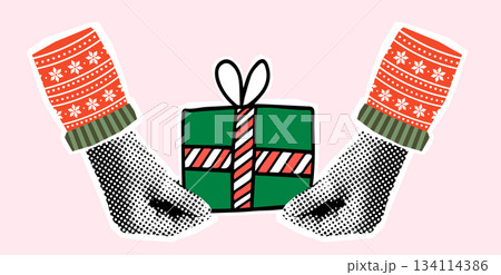 Halftone hands holding a Christmas present, Modern vector collage for invitations, posters and banners 134114386