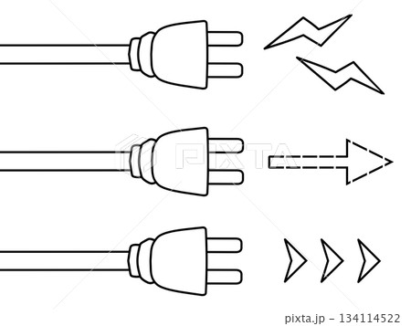 シンプルなコンセントと電気や矢印のイラスト 白黒 シンプルなコンセントと電気や矢印のイラスト 白黒 134114522