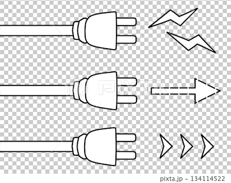 シンプルなコンセントと電気や矢印のイラスト 白黒 シンプルなコンセントと電気や矢印のイラスト 白黒 134114522