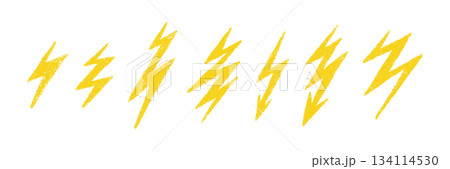 Doodle crayon lightning symbol. Hand drawn chalk lightning with grunge texture. Graphic element for fun collages. Crayon doodle yellow thunder. Vector pencil illustration isolated on white background 134114530