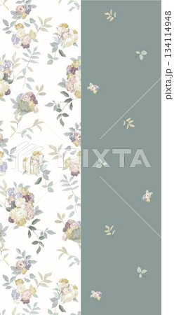 Assorted floral geometric and heart pattern panel designs in soft pastel colors 134114948