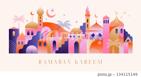 Ramadan Kareem greeting card template and wallpaper design. Modern geometric Islamic city landscape 134115149