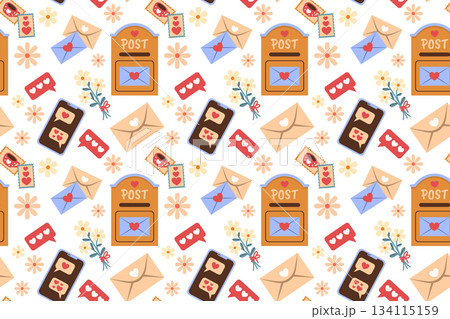 Festive seamless pattern for Valentine's Day with hearts, love letters, and a mailbox. Illustration in a flat style. Festive seamless pattern for Valentine's Day with hearts, love letters, and a mailbox. Illustration in a flat style. 134115159