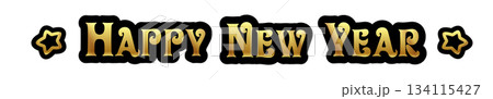 happy New year wide horizontal golden text sticker design isolated on white transparent background. Vintage golden New year day motto sticker, tag, retro label, banner, ribbon, label png with quote. 134115427