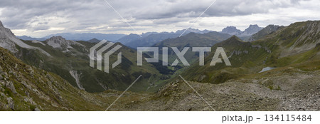 View into the valley of Sankt Antonien from Gafier Joch near the Gafiersee lake along the Smugglerpfad trail in Switzerland View into the valley of Sankt Antonien from Gafier Joch near the Gafiersee lake along the Smugglerpfad trail in Switzerland 134115484