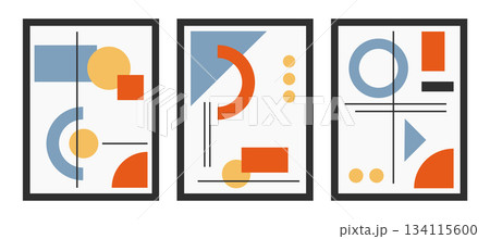 Set of colourful poster with geometric shape and line set. abstract pattern, design line art, trendy style. Bauhaus illustration with circle, square, triangle. design for cards, invitation Set of colourful poster with geometric shape and line set. abstract pattern, design line art, trendy style. Bauhaus illustration with circle, square, triangle. design for cards, invitation 134115600