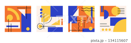 Set of colourful poster with geometric shape and line set. abstract pattern, design line art, trendy style. Bauhaus illustration with circle, square, triangle. design for cards, invitation Set of colourful poster with geometric shape and line set. abstract pattern, design line art, trendy style. Bauhaus illustration with circle, square, triangle. design for cards, invitation 134115607