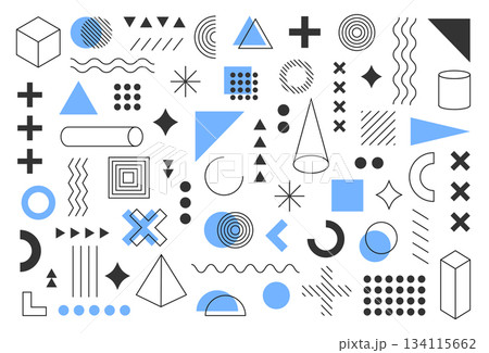black memphis background, set of geometric, memphis, bauhaus shapes. Modern vector abstract design with memphis elements	 134115662