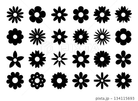 set of black daisies from geometric figures, collection of abstract silhouettes of flowers flowers icons isolated on white	 134115693